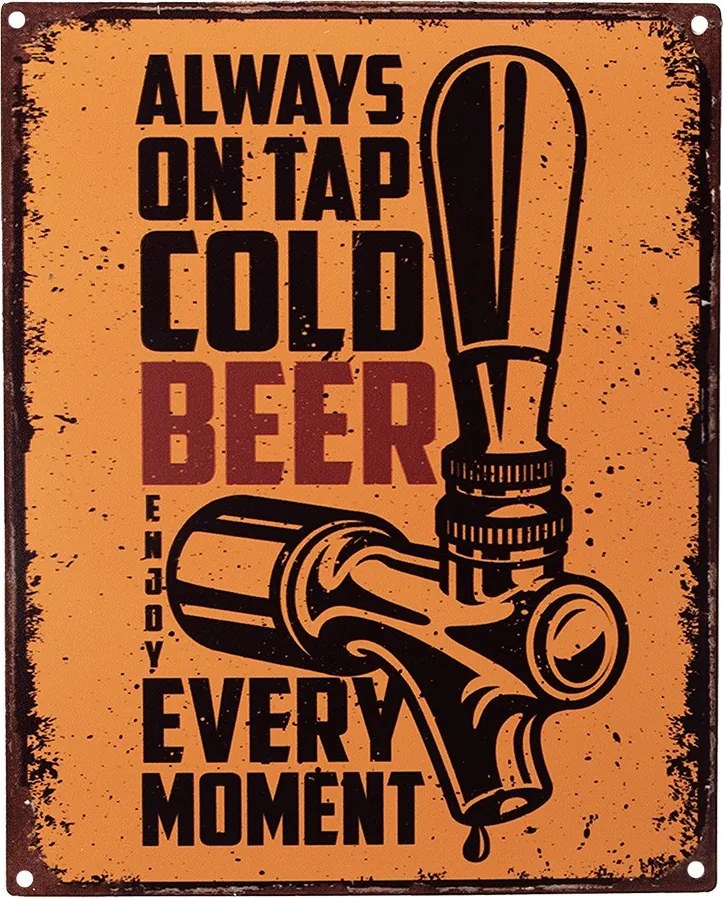 Oranžová nástenná kovová ceduľa Cold Beer - 20*1*25 cm