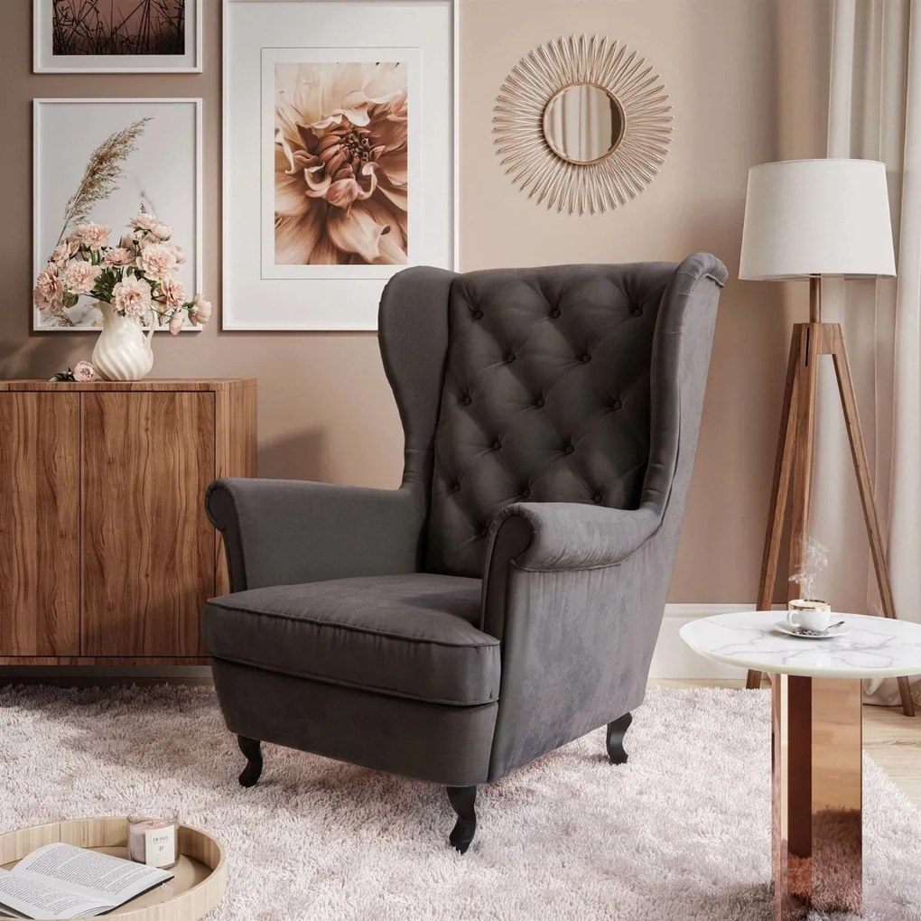 KRESLO UŠIAK BRUNO CHESTERFIELD ČIERNE BAROKOVÉ NOHY