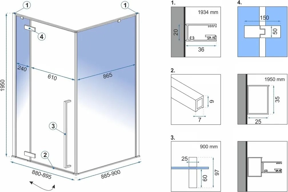 Štvorcový sprchovací kút REA FARGO 90x90 cm, čierny matný/transparent - bez vaničky