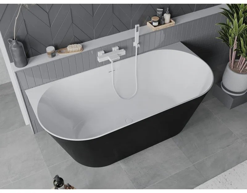 Mexen Oval Slim, voľne stojaca vaňa ku stene, 170 x 80 cm, biela-čierna, biely prepad, 52661708075-20