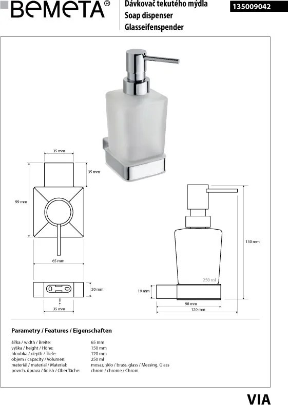 Bemeta Design VIA: Dávkovač mydla, 250 ml - 135009042