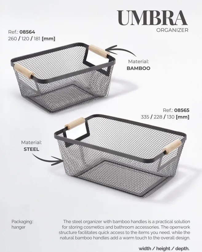 Erga Plain, drôtený košík na kozmetiku 335x228x130 mm, čierna matná-hnedá, ERG-08565