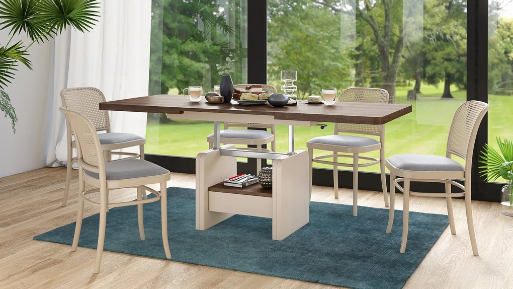 Konferenčný stolík LEXUS, rozkladací, s funkciou zdvíhania dosky, hnedý dub / béžový