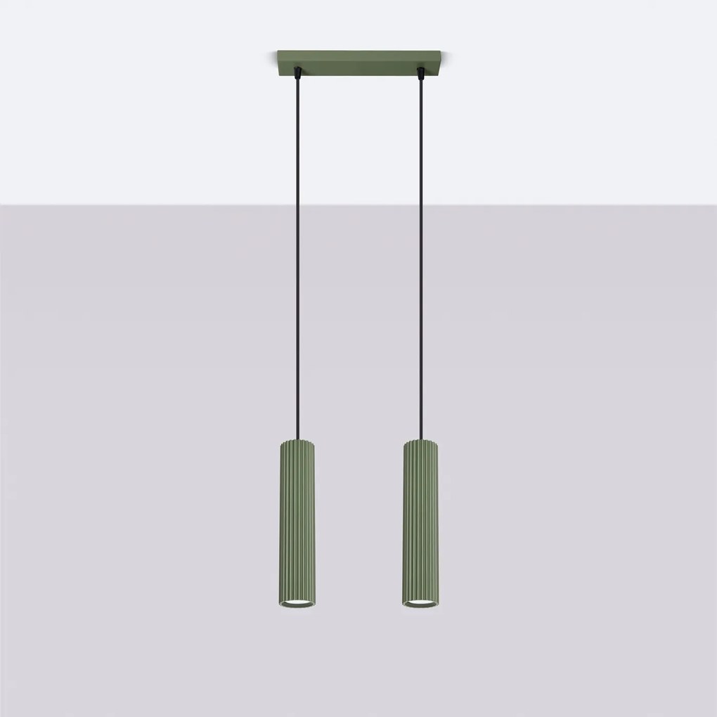 Závesné svietidlo Karbon, 2x olivovo zelené kovové tienidlo