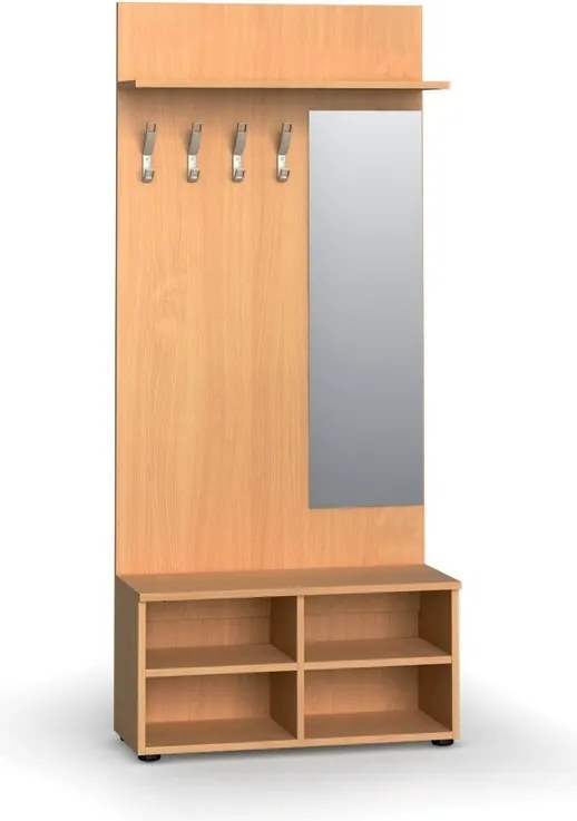 Vešiaková stena s botníkom a zrkadlom PRIMO WOOD, 4 háčiky, polica, roky zvisle, buk