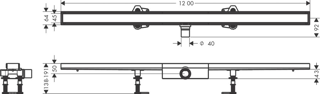 Hansgrohe RainDrain Compact, úplná sada sprchového žľabu 1200 pre dlažbu, pre plochú inštaláciu, HAN-56173000