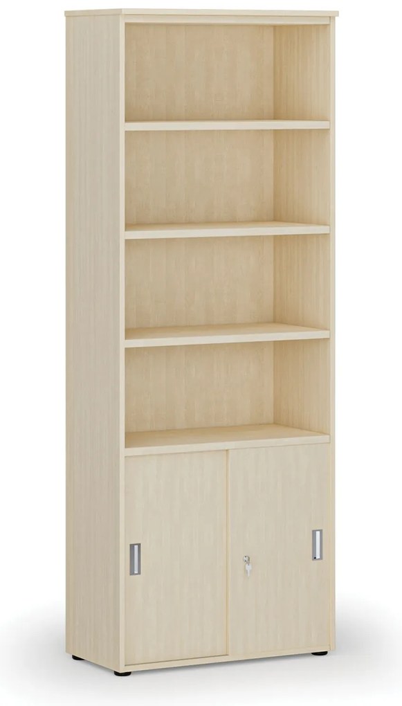 Kombinovaná kancelárska skriňa PRIMO WOOD, zasúvacie dvere na 2 poschodia, 800 x 420 x 2128 mm, breza