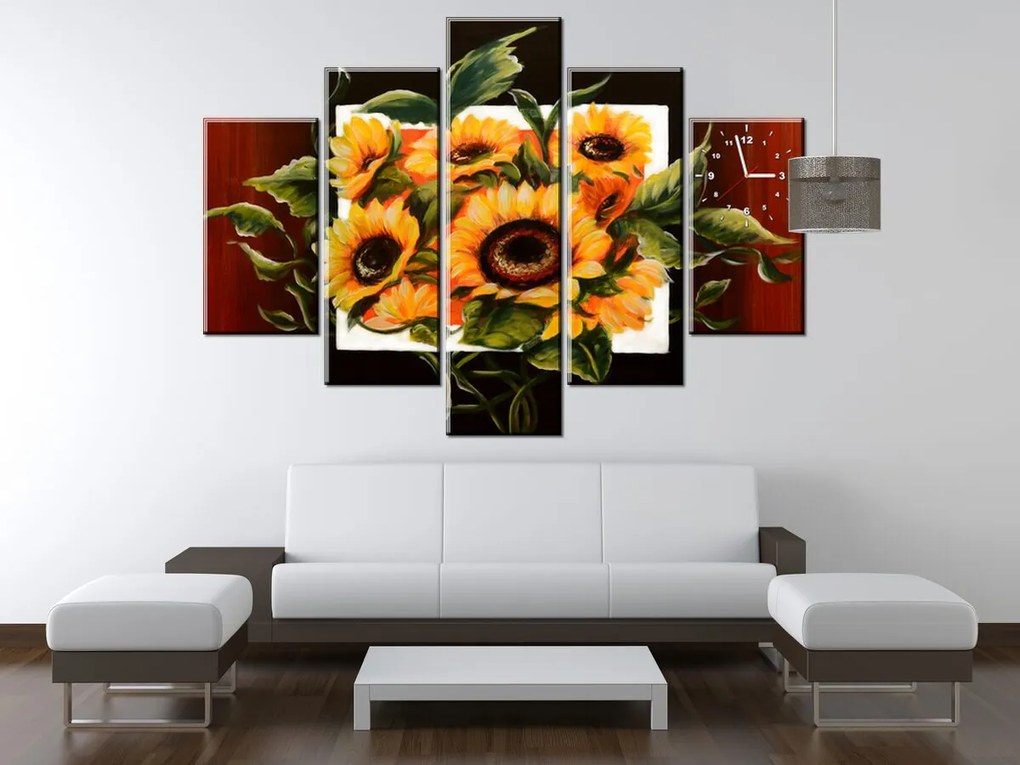 Gario Obraz s hodinami Prekrásne slnečnice - 5 dielny Rozmery: 150 x 105 cm