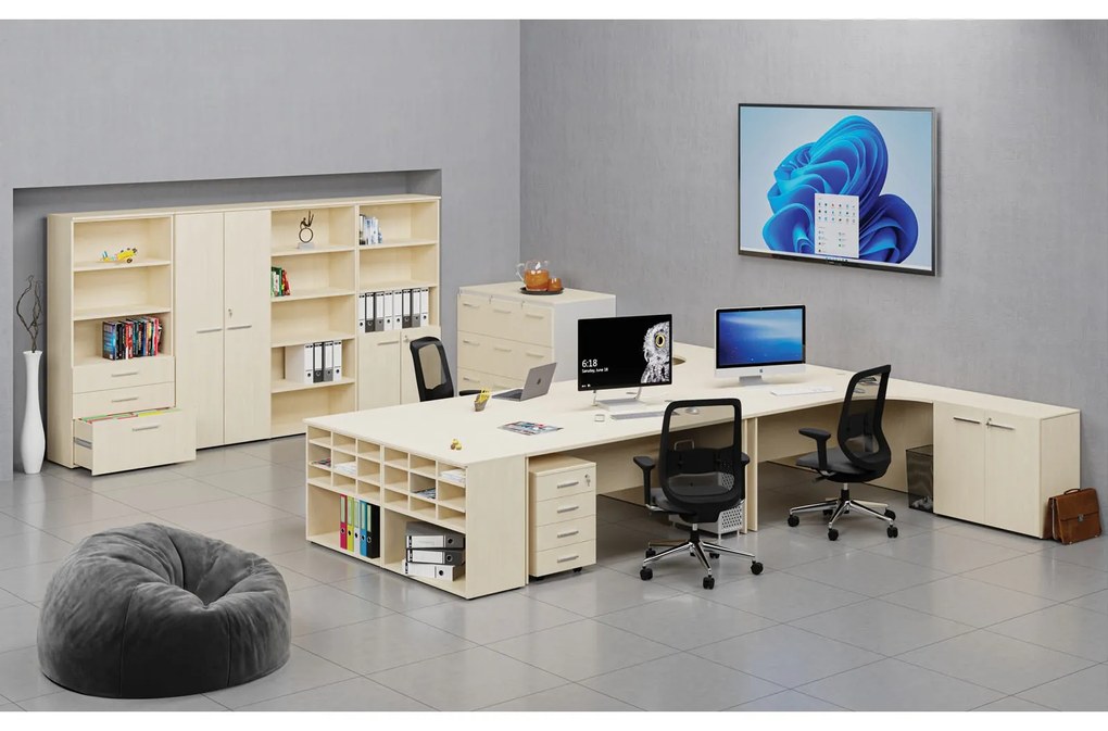 Ergonomický kancelársky pracovný stôl PRIMO WOOD, 1600 x 1200 mm, ľavý, breza