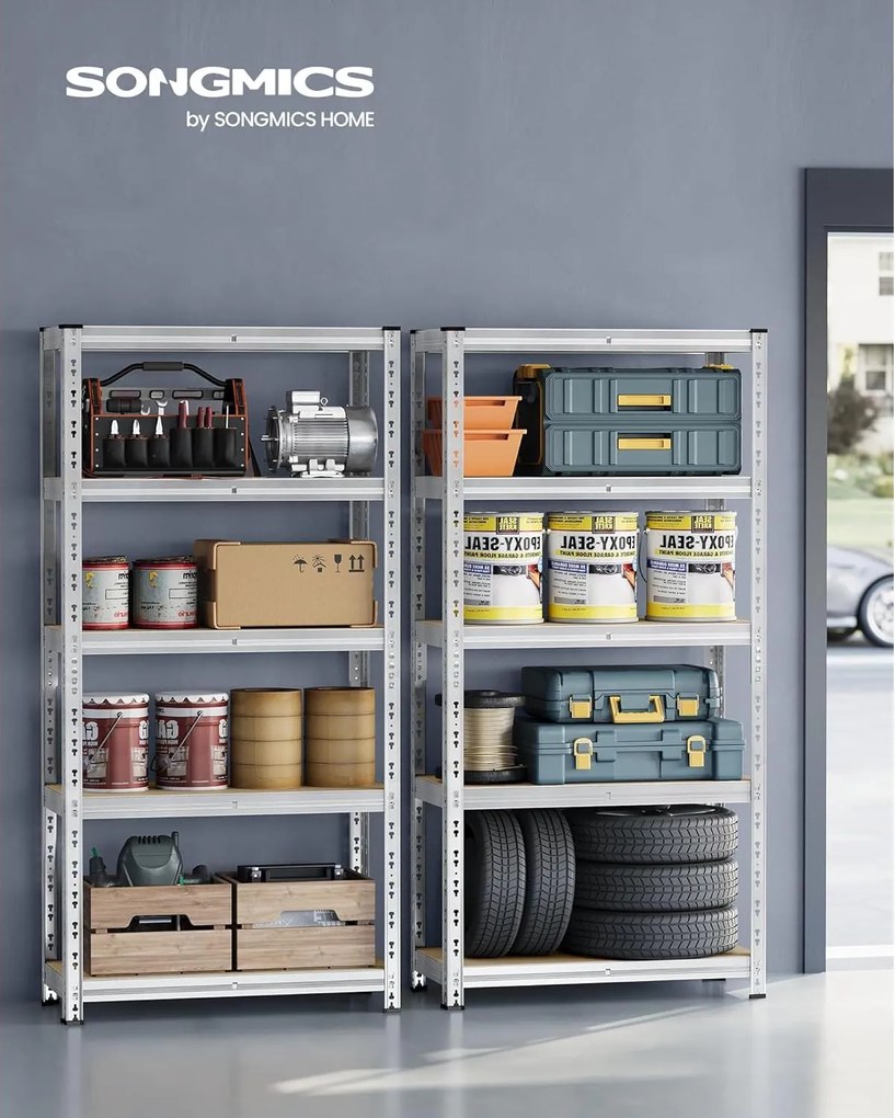 Veľkokapacitné Úložné Poličky, 2 ks, Garážový Poličkový Systém, 40 x 90 x 180 cm, Strieborná