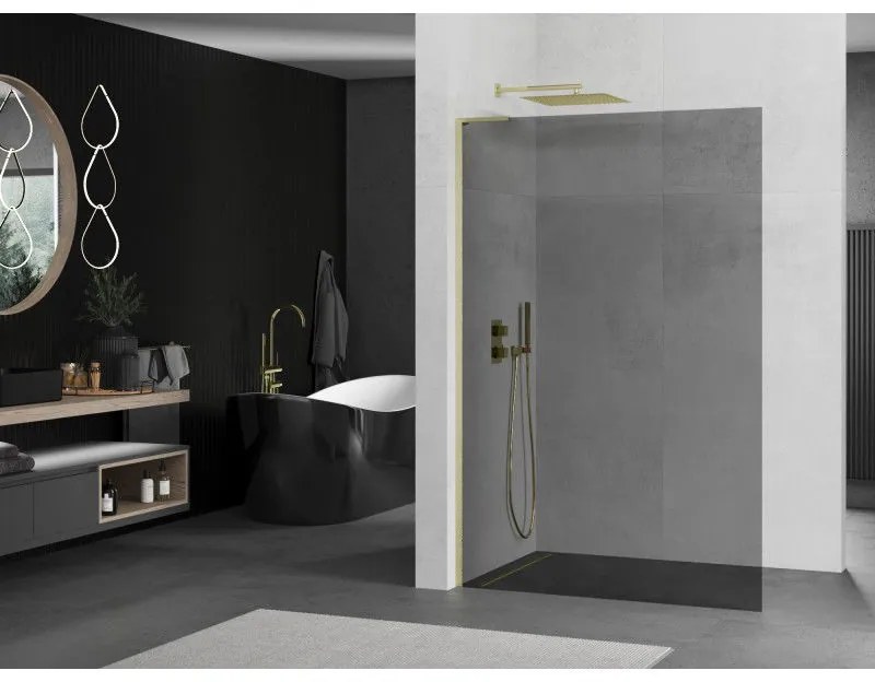 Mexen Kioto L, sprchová zástena Walk-In 90 x 200 cm, 8mm šedé sklo, zlatý matný profil, 800-090-103-55-40