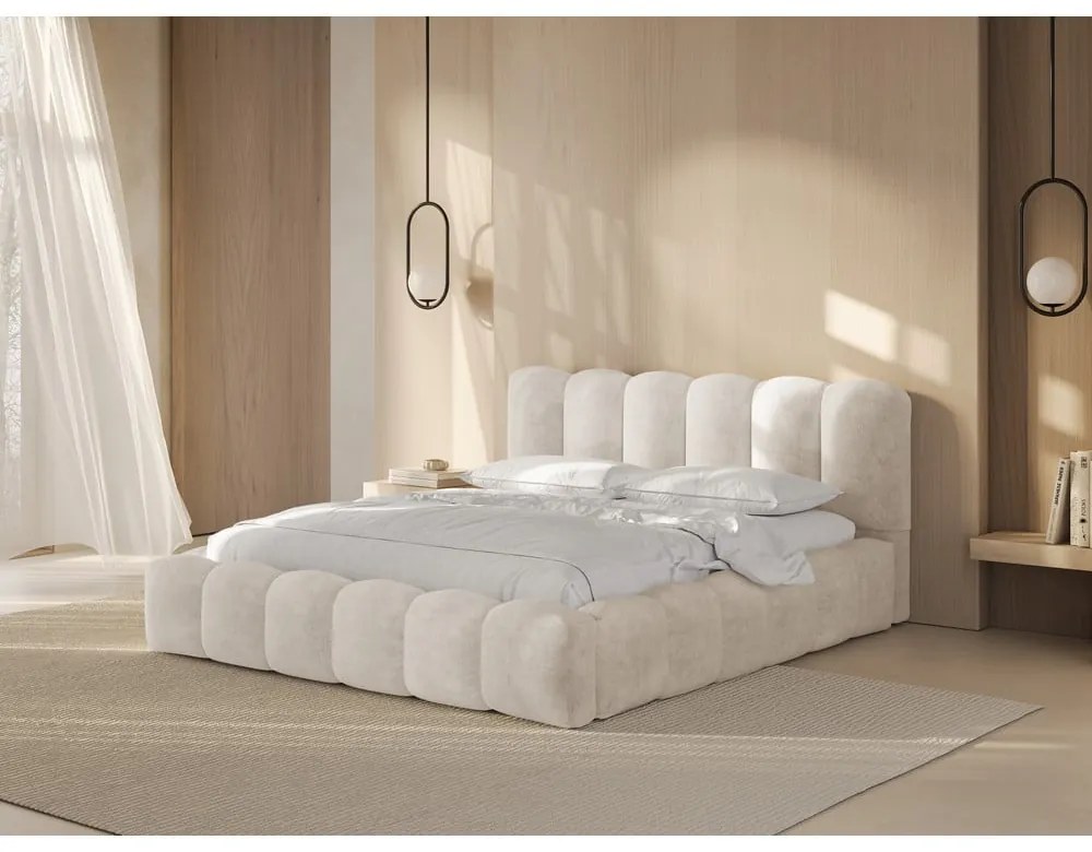 Krémová čalúnená dvojlôžková posteľ s úložným priestorom a roštom 180x200 cm Lupine – Micadoni Home