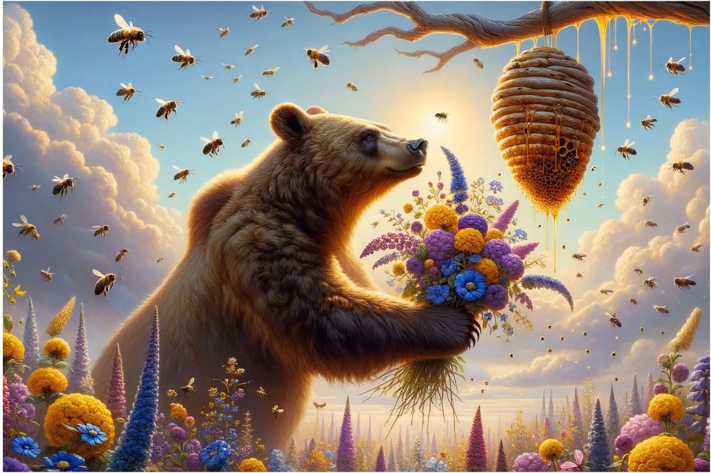 Obraz - Medveď a včielky (90x60 cm)