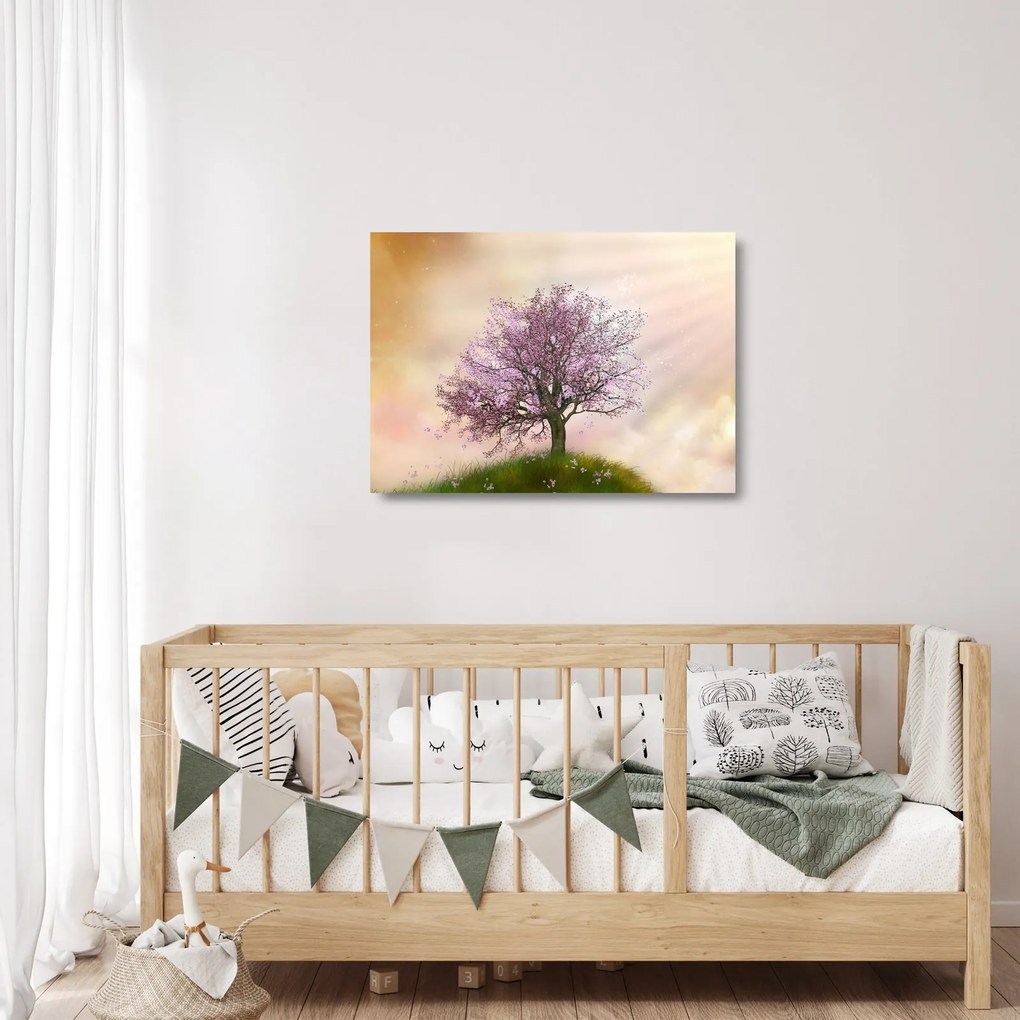 Sklenený obraz rozkvitnutého stromu na vrchole kopca (70x50 cm)