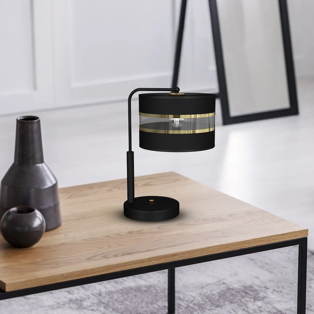 Stolná lampa Ultimo, 1x čierne/zlaté textilné tienidlo, b