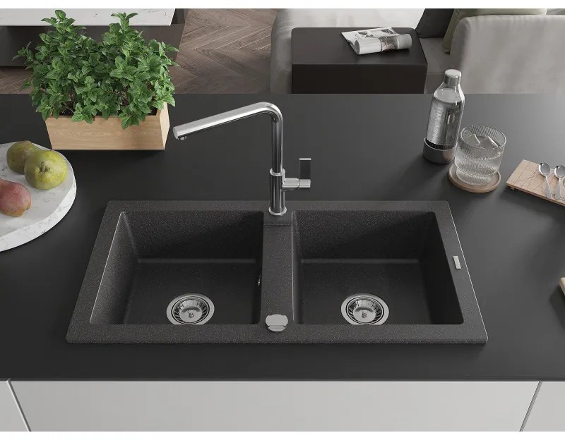Mexen Mario, 2-komorový granitový drez 820x436x161 mm a drezová batéria Flora, čierna škvrnitá, 6504-76-670401-00