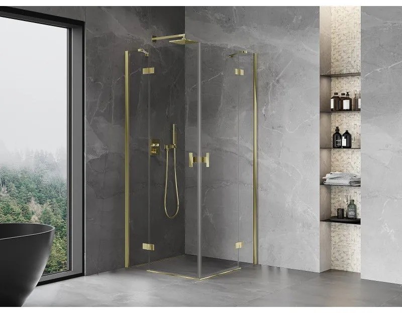 Mexen Mist-H Duo, 2-krídlový výklopný sprchový kút 95 x 95 cm, číre sklo, zlatý lesklý profil, 8A5-095L-095P-50-00