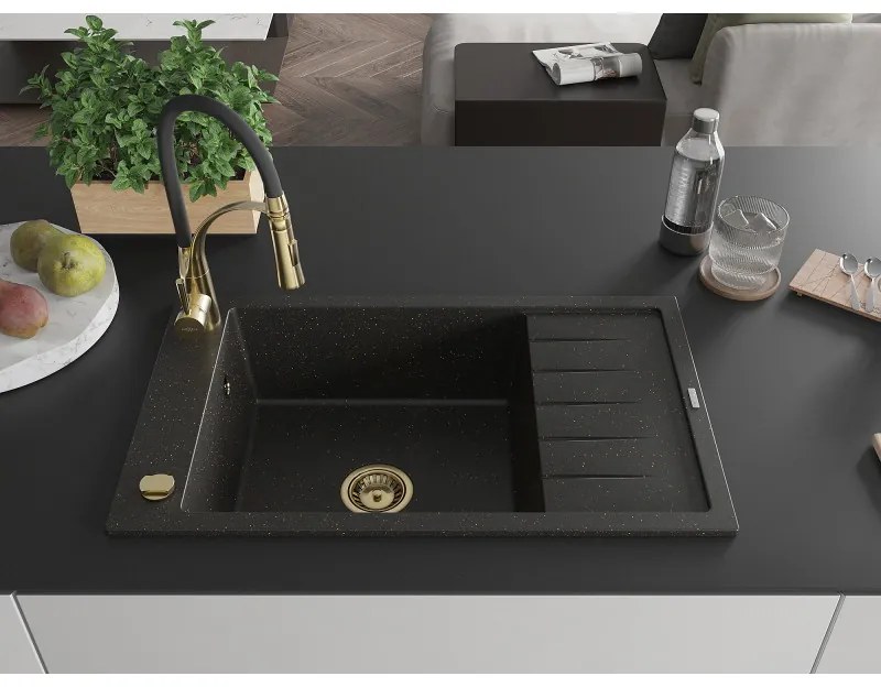 Mexen Elias, 1-komorový granitový drez 795x480x200 mm a drezová batéria Aster, čierna-zlatá metalíza, 6511-75-73450-57-G