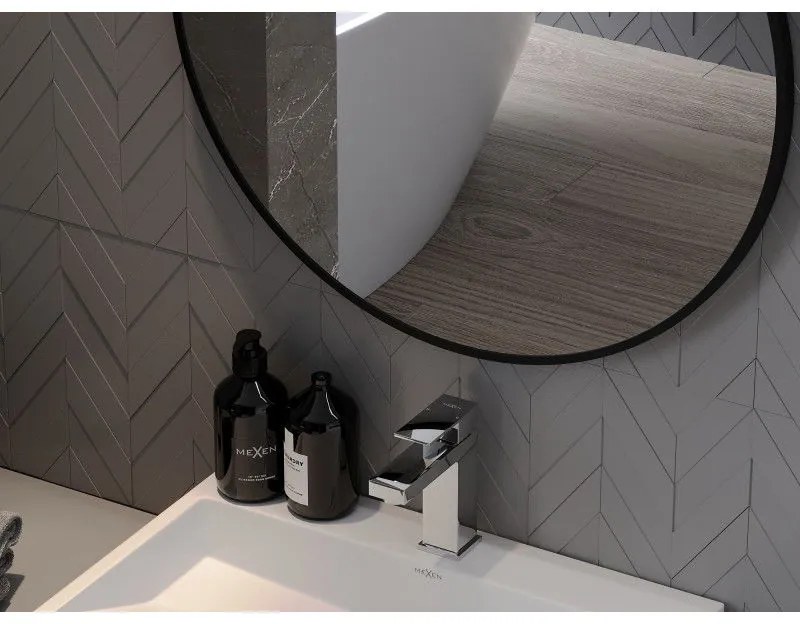 Mexen String, okrúhle kúpeľňové zrkadlo na pásiku 50 cm, farba rámu čierna matná, 9854-050-050-000-70