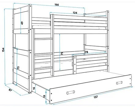 Dětská patrová postel s výsuvnou postelí RICO 160x80 cm Modrá Borovice