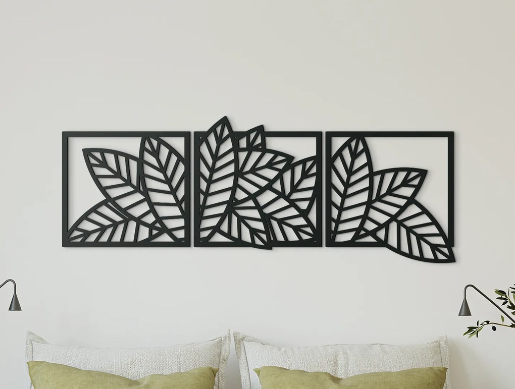 drevko Viacdielna dekorácia na stenu Listy Rozmer obrazu: 24 x 65 cm, Farba dekorácie: Čierna
