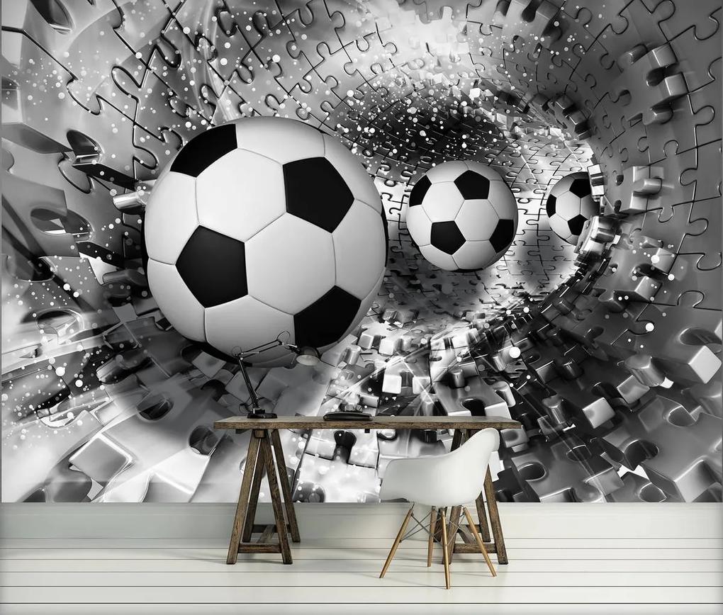 Fototapeta - Futbalové lopty v 3D puzzle tuneli (152,5x104 cm)