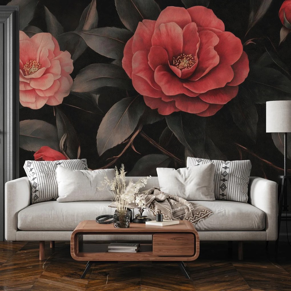 Fototapeta - Červené kvety na tmavom pozadí (147x102 cm)