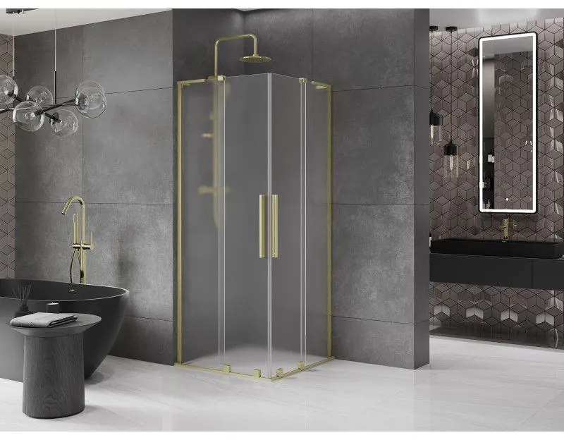 Mexen Velar L Duo, sprchový kút s posuvnými dverami 90 x 90 cm, 8mm sklo námraza, zlatá matná, 871-090-090-02-33-55
