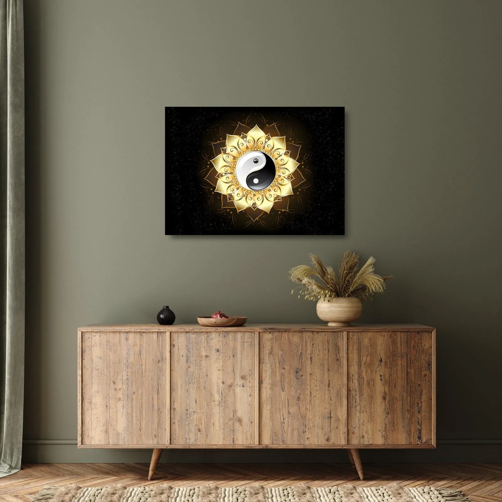 Sklenený obraz - Zlatý Yin-Yang (70x50 cm)