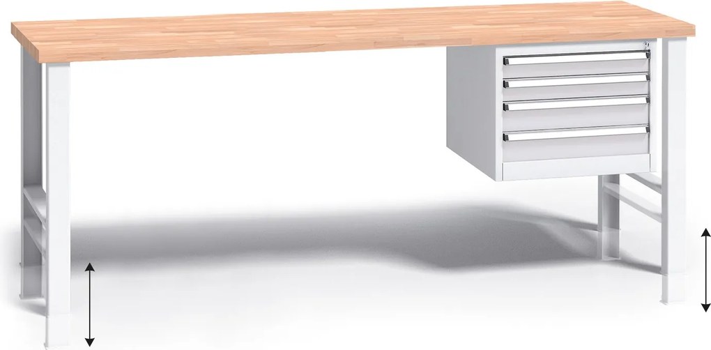 Výškovo nastaviteľný pracovný stôl do dielne G3 so závesným boxom na náradie, buková škárovka, 4 zásuvky, 2000 x 685 x 840 - 1050 mm, sivá
