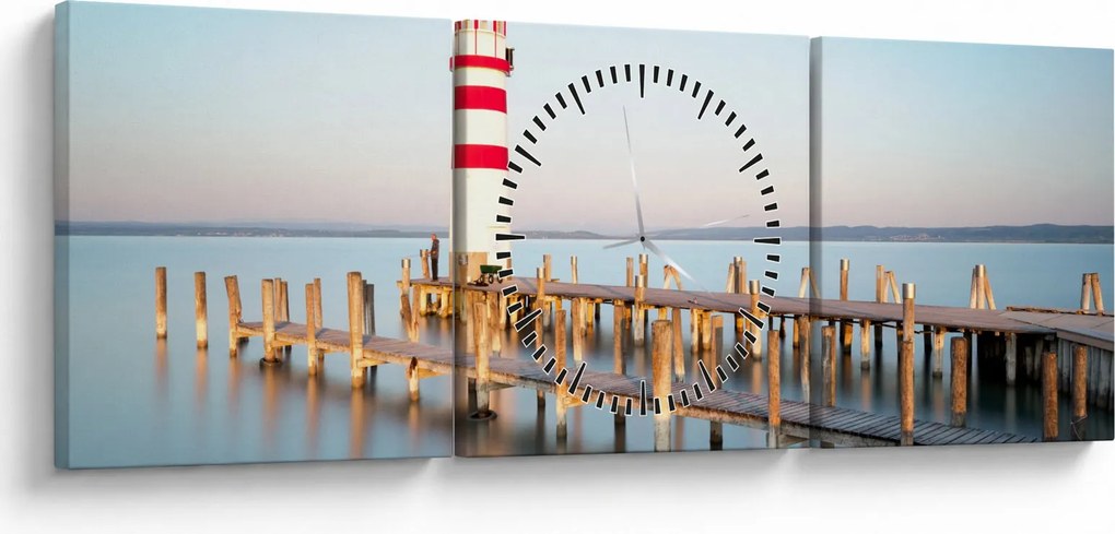 Obraz majáku za úsvitu (s hodinami) (90x30 cm)