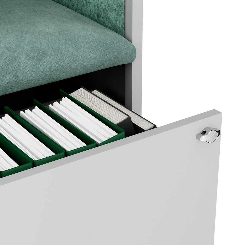 Kancelárska akustická kabína so sedadlom a portom USB-C, telo v sivý farbe / sedadlo v zelenej farbe, 1150 mm: SALLY MentalBox