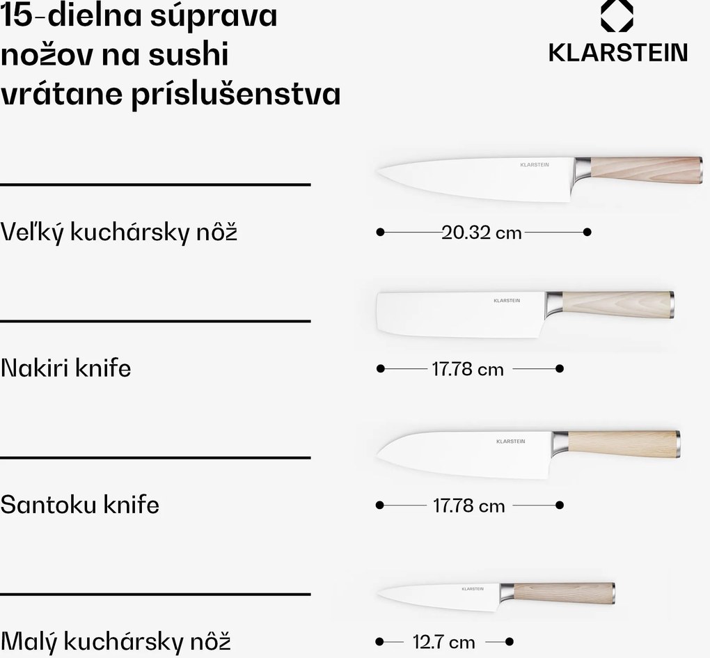 Klarstein Shibui súprava nožov na sushi, 15 dielov, 4 nože s praktickým príslušenstvom