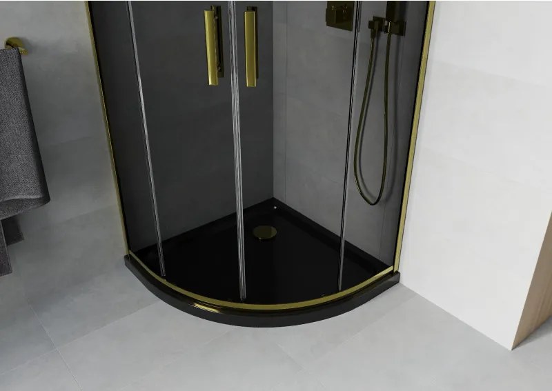 Mexen Rio, štvrťkruhový sprchovací kút s posuvnými dverami 90(dvere) x 90(dvere) x 190 cm, 6mm šedé sklo, zlatý profil + čierna sprchová vanička SLIM, 863-090-090-50-40-4170G