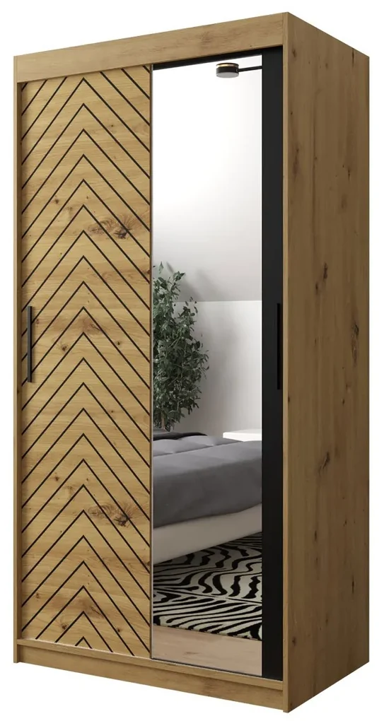 Posuvná skriňa so zrkadlom Ratintu 2 100 cm, zásuvka: áno, Farby: biela / biela + čierny mat
