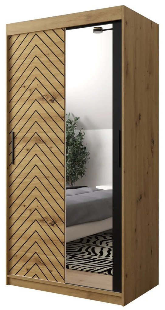 Posuvná skriňa so zrkadlom Ratintu 2 100 cm, zásuvka: áno, Farby: čierna / dub artisan + čierna