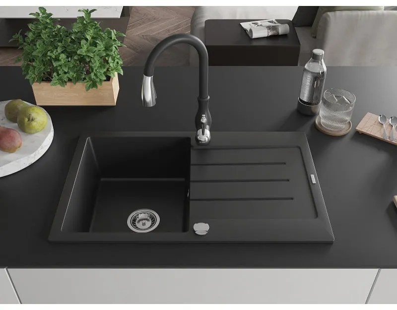 Mexen Bruno, 1-komorový granitový drez 795x495x200 mm a drezová batéria Savita, čierna, 6513-77-672601-70