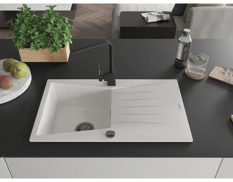 Mexen Cesar, granitový drez 775x470x190 mm, 1-komorový, biela s čiernym sifónom a čierna drezová batéria Rita, 6514-20-670300-70