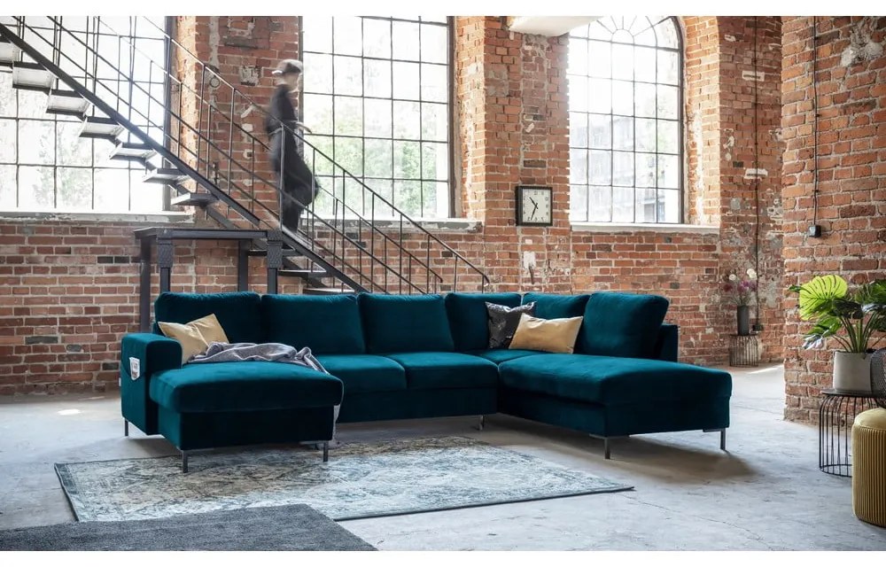 Zamatová rozkladacia rohová pohovka v petrolejovej farbe (pravý roh) Lofty Lilly – Miuform