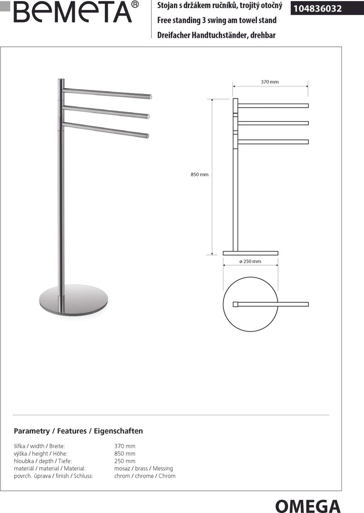 Bemeta Design OMEGA: Stojan, s držiakom uterákov, trojitý, otočný - 104836032
