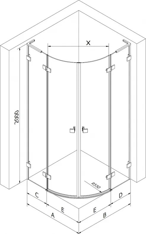 Mexen Lunar, L polkruhový výklopný sprchový kút 100 x 100 cm, 8mm číre sklo, čierny profil, 833L-100L-100P-70-00