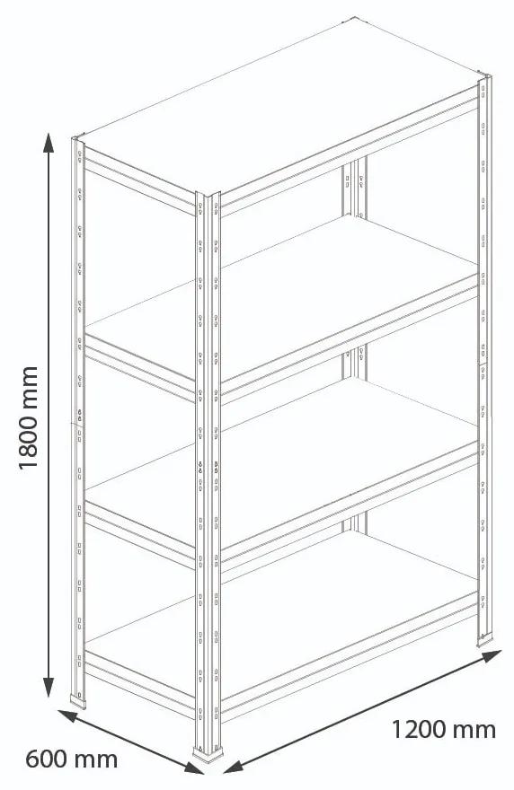 Bezskrutkový kovový regál RIVET, 180x120x60 cm, 4x HDF polica, zinok