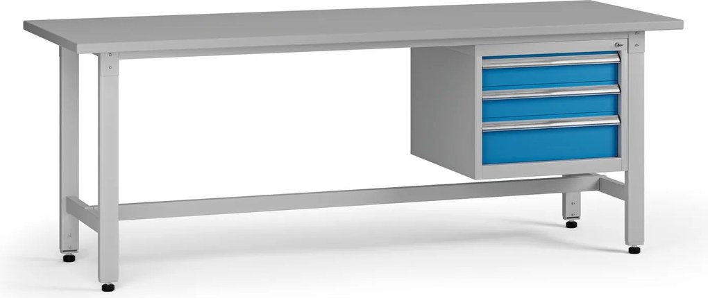 Výškovo nastaviteľný dielenský stôl G5, 2100 x 750 x 800-1000 mm, 1x kontajner, 3 zásuvky, modrá