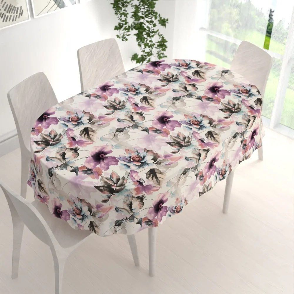 Biante Zamatový oválny obrus Tamara TMR-050 Abstraktné fialové kvety na smotanovom 140x180 cm