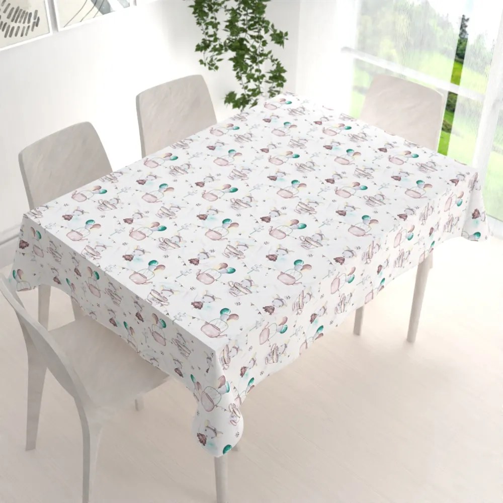 Biante Detský bavlnený obdĺžnikový obrus Sandra SA-372 Myšky a konvičky na bielom 50x100 cm