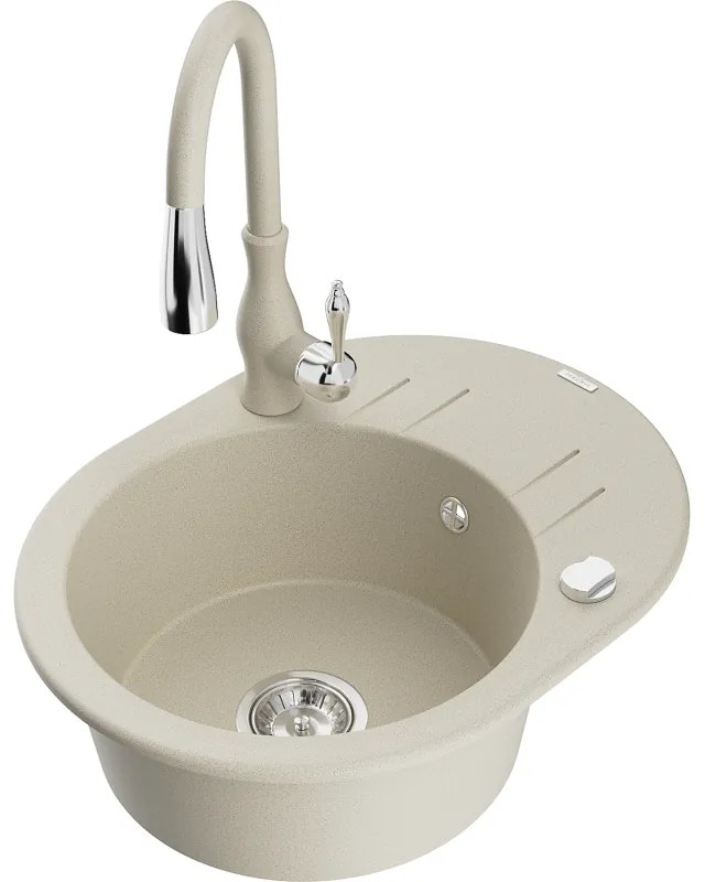 Mexen Kevin, granitový drez 586x458x190 mm, 1-komorový a drezová batéria Savita, béžová, 6517-69-672601-69
