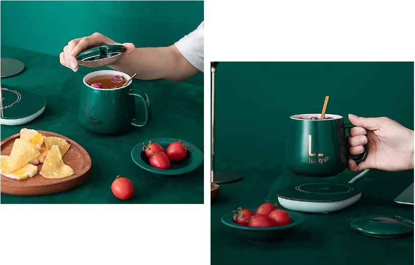 Sada keramického hrnčeka s elektrickým ohrievačom Lucky v darčekovom balení - green