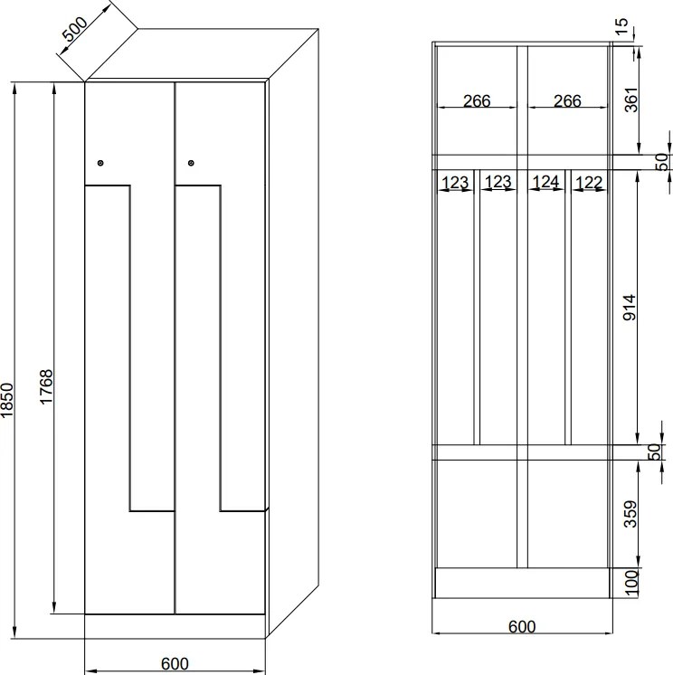 Kovová šatníková skrinka S1 Z, 4 oddiely, 1850 x 600 x 500 mm, cylindrický zámok, červené dvere