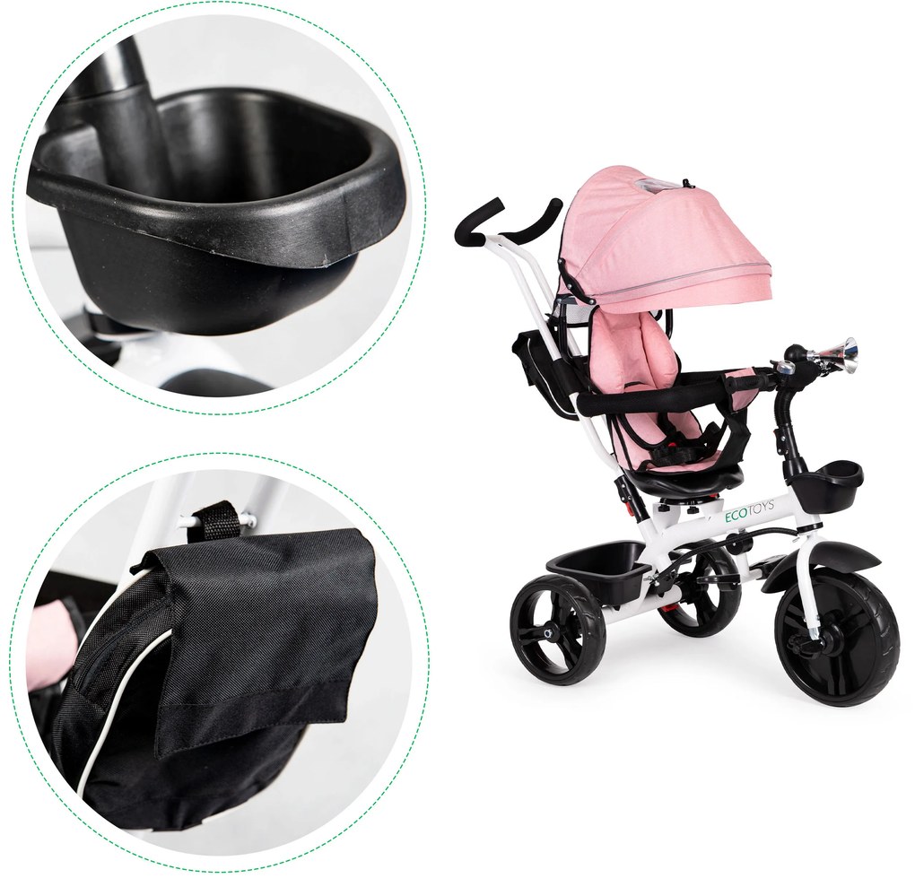 Trojkolka otočné sedadlo so strieškou Ružová ECOTOYS