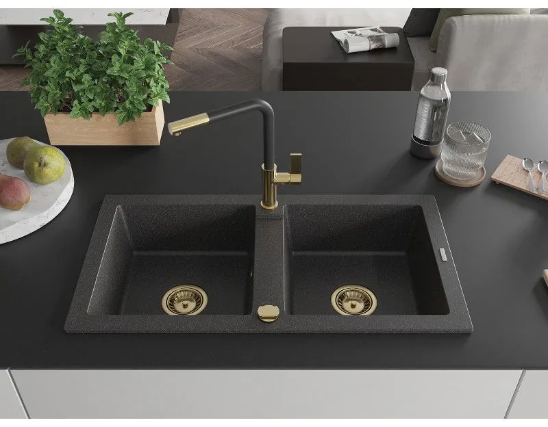 Mexen Mario, 2-komorový granitový drez 820x436x161 mm a drezová batéria Flora, čierna škvrnitá, 6504-76-670401-57-G